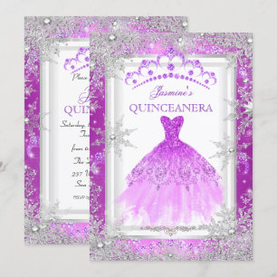 Convites Festa de Quinceanera de Inverno Prateado Roxo