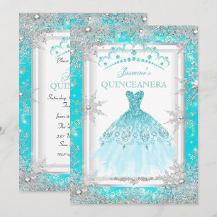 Convites Festa de Quinceanera de Inverno Prateado Turquesa