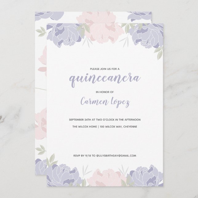 Convites Festa de Quinceanera de Penas Rosa e Púrpura (Frente/Verso)