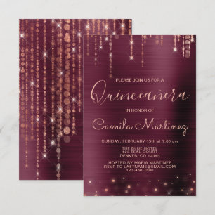 Convites Festa de Quinceanera Dourada e Borgonha