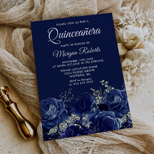 Convites Festa de Quinceanera Floral Azul Marinho e Prata