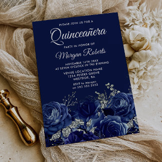 Convites Festa de Quinceanera Floral Azul Marinho e Prata