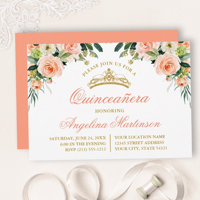 Convites Festa de Quinceanera Floral Branca Peach (Customize to change text color, style, add text & photos to back or change color of back of card.)