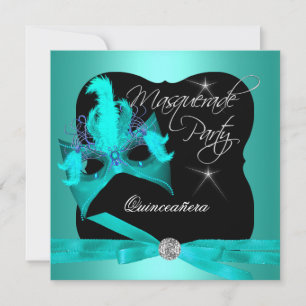 Convites Festa de Quinceanera Mascarada Azul Teal Preto