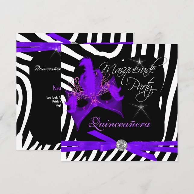 Convites Festa de Quinceanera Mascarada Roxo Zebra (Frente/Verso)