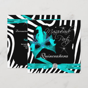 Convites Festa de Quinceanera Mascarada Zebra Azul Teal