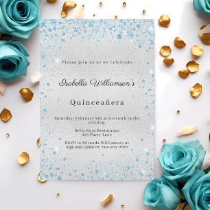 Convites Festa de Quinceanera prata azul glitter inverno