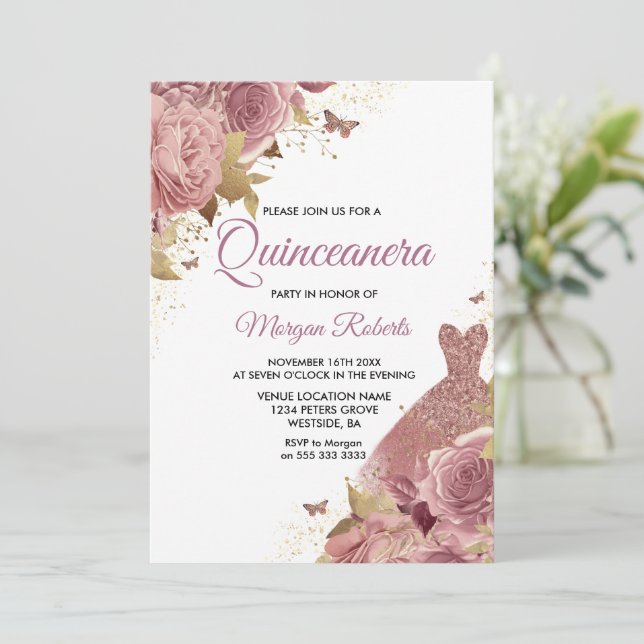 Convites Festa de Quinceanera, Rosa de Coloração Rosa, Cinz (Em pé/Frente)