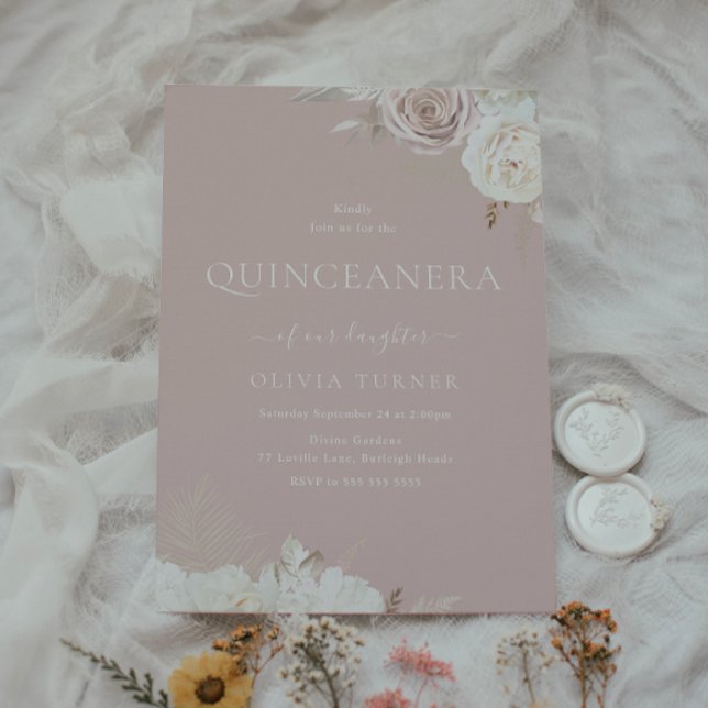 Convites Festa de Quinceanera Rosa Dusty Blush & Ivory (Criador carregado)