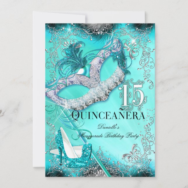 Convites Festa de Quinceanera Teal Silver Masquerade de Ani (Frente)