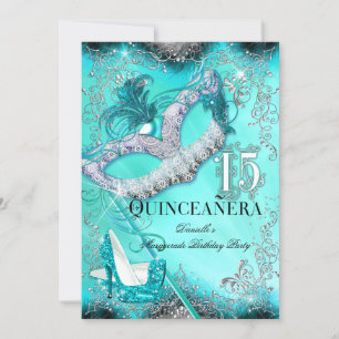 Convites Festa de Quinceanera Teal Silver Masquerade de Ani