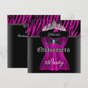 Convites Festa de Quinceanera Tiaro Preto Zebra Corset Rosa