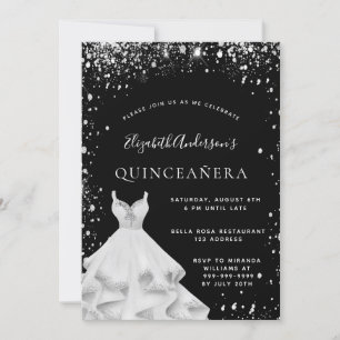 Convites Festa de Quinceanera vestido de pó preto de prata