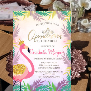 Convites Festa de Quinze Anos do Flamingo Rosa Folha Tropic