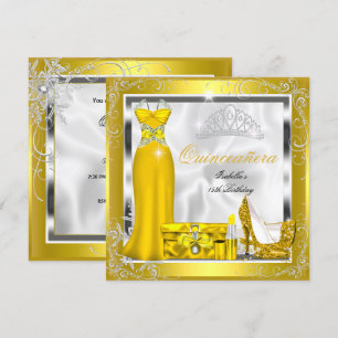 Convites Festa de Quinze Anos Vestido Amarelo Dourado Prata
