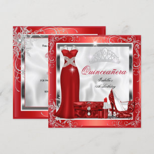 Convites Festa de Quinze Anos Vestido Prata Vermelho Saltos