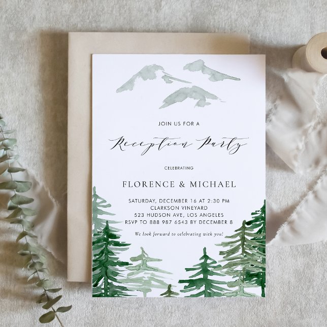 Convites Festa de Recepção Floresta de Aguarela (Woodland theme wedding reception party invitation featuring watercolor forest scenery.)