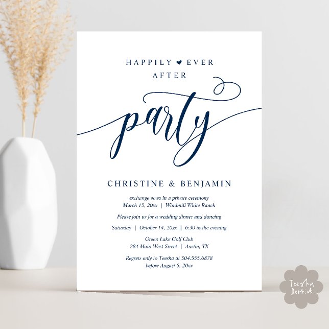 Convites Festa de Recepção Moderna Boho Felizes para Sempre (Modern Boho Happily Ever After Reception Party Invitation card PDF in navy blue)