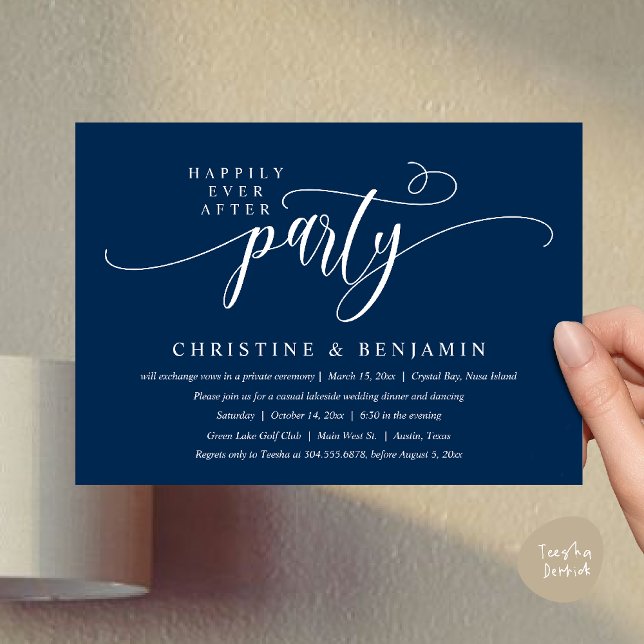 Convites Festa de Recepção Moderna Boho Felizes para Sempre (Modern Boho Happily Ever After Reception Party Invitation card PDF in navy blue)