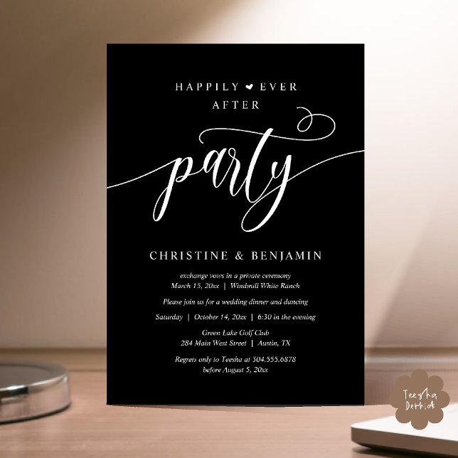 Convites Festa de Recepção Moderna Boho Felizes para Sempre (Modern Boho Happily Ever After Reception Party Invitation card PDF in classy black white)