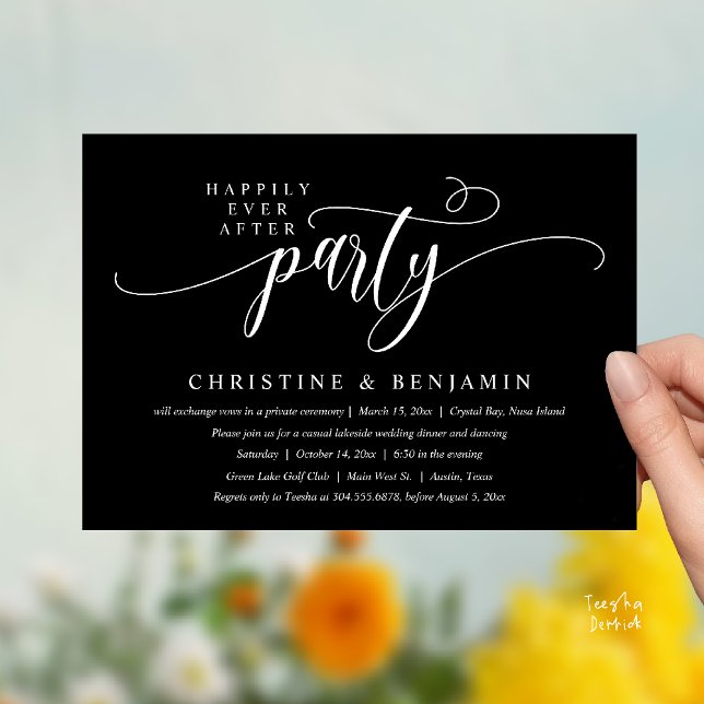 Convites Festa de Recepção Moderna Boho Felizes para Sempre (Modern Boho Happily Ever After Reception Party Invitation card PDF in classy black white)