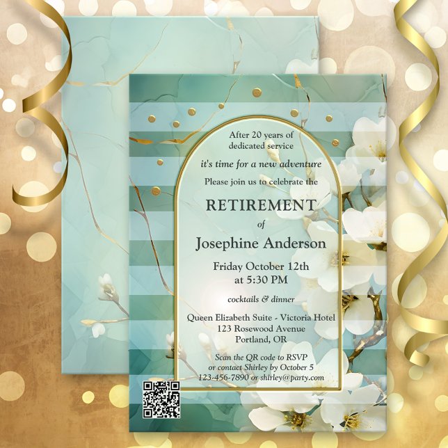 Convites Festa de Reforma da Arte Floral de Aquarela Elegan (Retirement party invitation featuring watercolor flowers on a retro striped design in teal and gold)