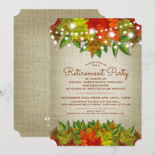 Convites Festa de Reforma do Burlap Autumn Lights Twinkligh (Frente/Verso)