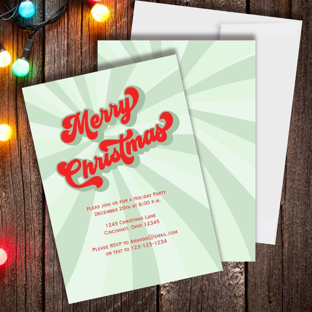 Convites Festa de Retro de Natal Vermelho e Verde (Merry Christmas Holiday Party invitation with whimsical retro style typography.  )