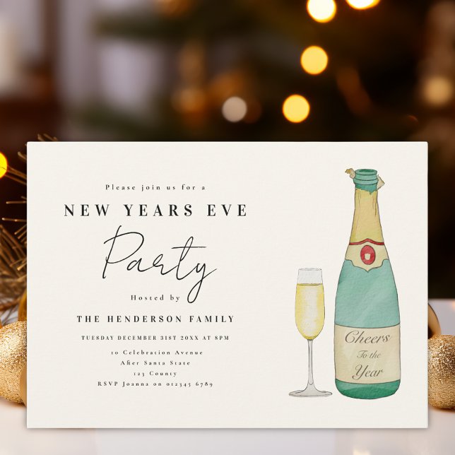 Convites Festa de Réveillon com Aquarela Minimalista (Cheers to the year New Year’s Eve party custom invitation modern minimalist watercolor)