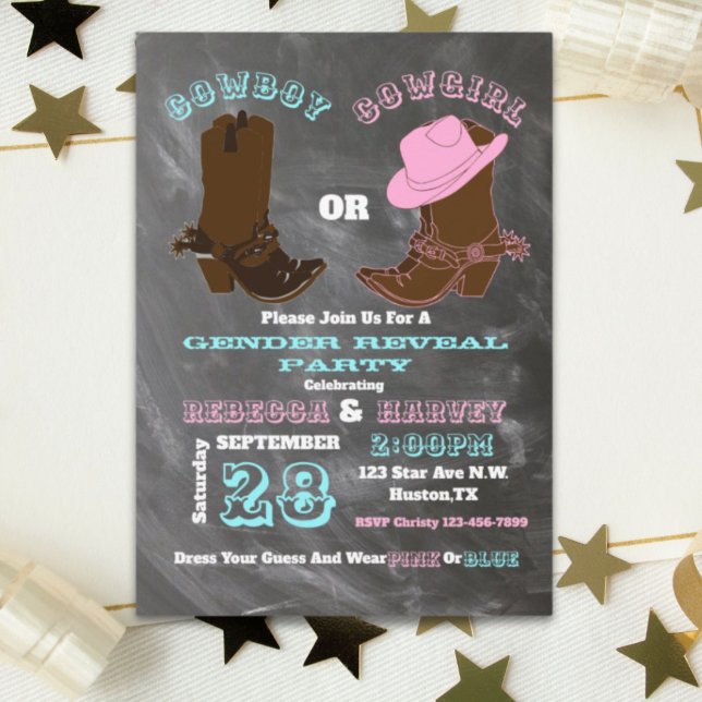 Convites festa de revelação de cowboy ou cowboy ocidental (western cowboy or cowgirl gender reveal party invitation)