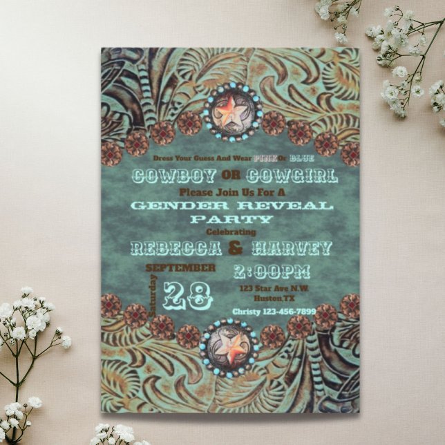 Convites festa de revelação de cowboy ou cowboy ocidental (western cowboy or cowgirl gender reveal party invitation)