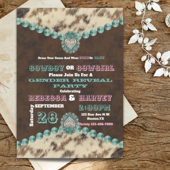 Convites festa de revelação de cowboy ou cowboy ocidental (western cowboy or cowgirl gender reveal party invitation)