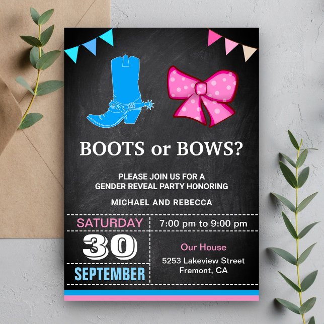 Convites Festa de Revelação de Gênero Botas ou Laços (Criador carregado)