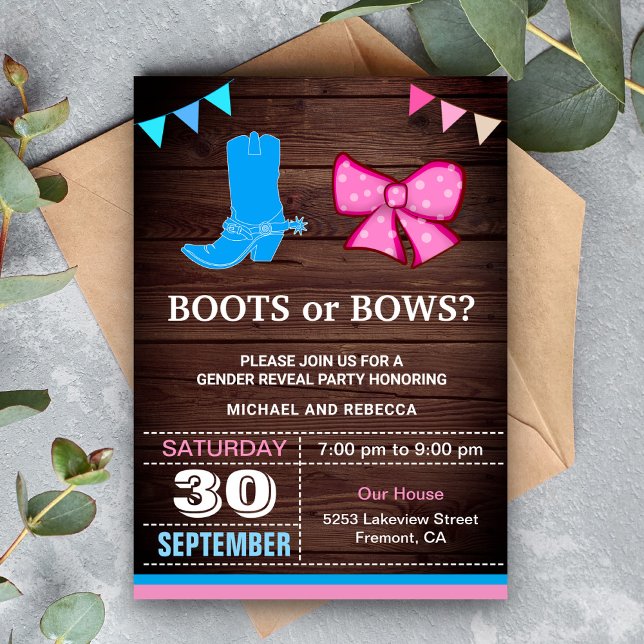 Convites Festa de Revelação de Gênero Botas ou Laços (Criador carregado)