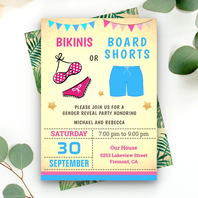 Convites Festa de Revelação de Gênero com Bikinis ou Shorts (Criador carregado)