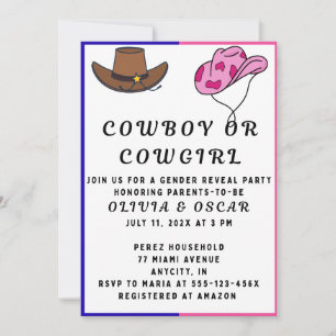 Convites Festa de Revelação de Gênero Cowboy Cowgirl 