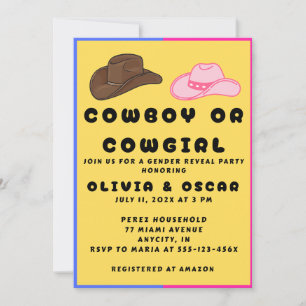 Convites Festa de Revelação de Gênero Cowboy Cowgirl