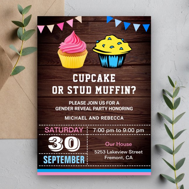 Convites Festa de Revelação de Gênero Cupcake ou Muffin (Criador carregado)