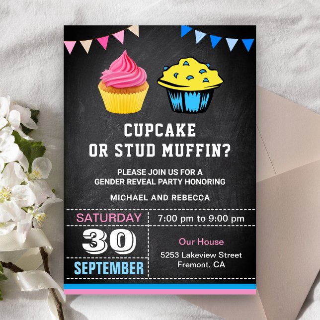 Convites Festa de Revelação de Gênero Cupcake ou Muffin (Criador carregado)