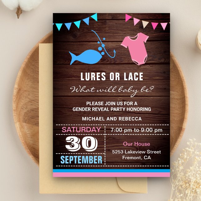 Convites Festa de Revelação de Gênero Lures ou Lace (Criador carregado)