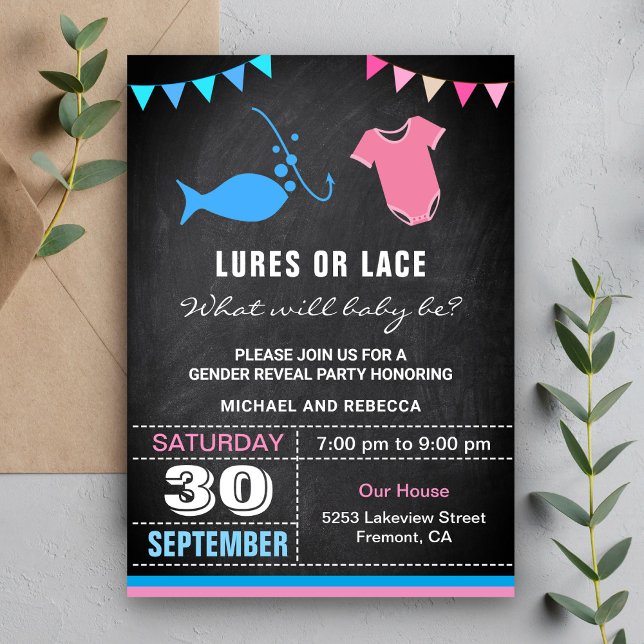Convites Festa de Revelação de Gênero Lures ou Lace (Criador carregado)