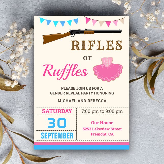 Convites Festa de Revelação de Gênero Rifles ou Ruffles (Criador carregado)