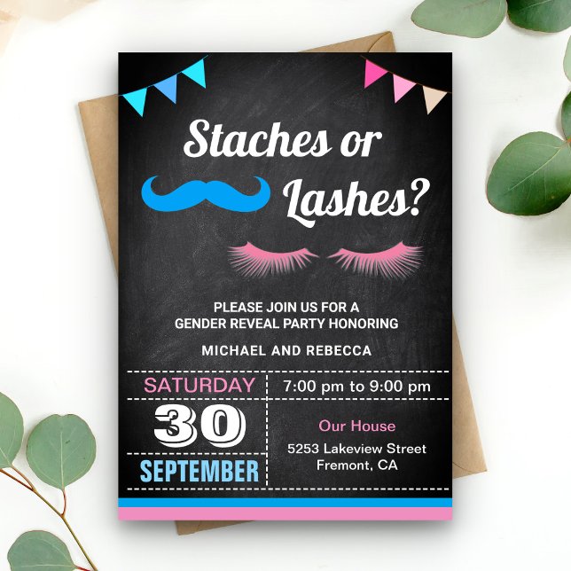 Convites Festa de Revelação de Gênero Staches ou Cílios (Criador carregado)