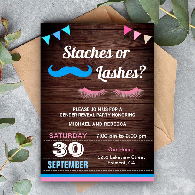 Convites Festa de Revelação de Gênero Staches ou Cílios (Criador carregado)