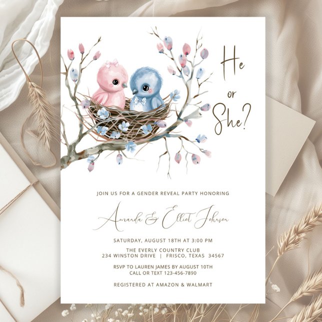 Convites Festa de Revelação do Sexo de Bebês Pássaros Fofos (Adorable baby boy and baby girl birds in nest gender reveal baby shower invitation. )
