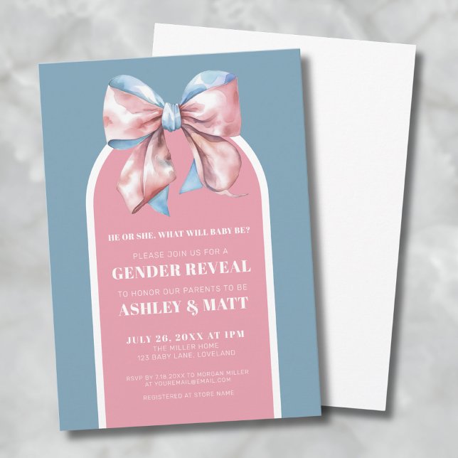 Convites Festa de Revelação do Sexo do Bebê com Laço Rosa e (Pink And Blue Bow Gender Reveal Party Invitation)