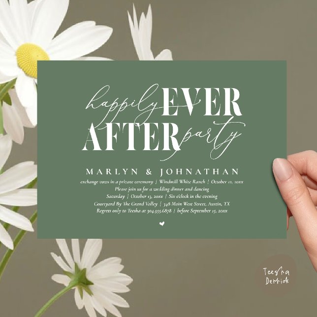 Convites Festa de Romance Feliz para Sempre Recepção de Cas (Happily Ever After Party Romance Wedding Reception Dinner Invitation Card in Sage Green)