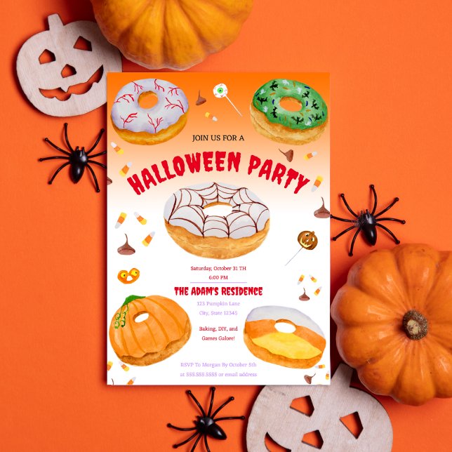 Convites Festa de Rosquinha de Aquarela, licorosa no Hallow (Spook up your Halloween party with our cute and customizable watercolor donuts invitation!)