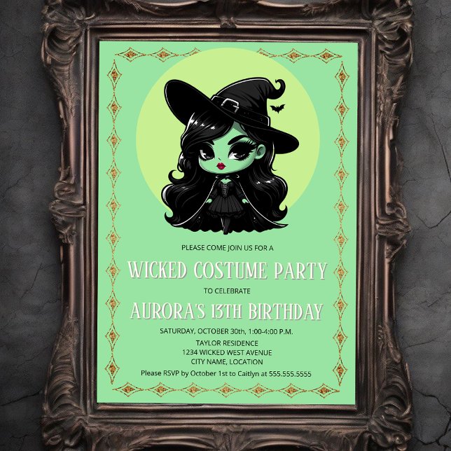 Convites Festa de Roupa de Bruxa Má (Cute wicked little green witch invitation front view.)