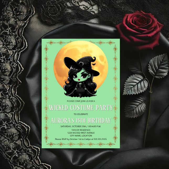 Convites Festa de Roupa de Bruxa Má (Cute wicked little green witch and moon party invitation front view.)